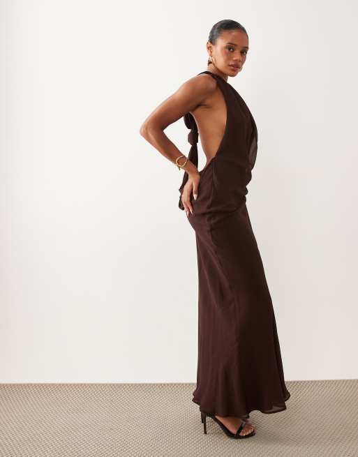 ASOS DESIGN draped halter neck maxi dress with knot back detail in chocolate brown, 3 of 4