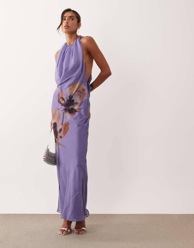 asos floral backless dress DESIGN draped halter neck maxi with knot back detail in print Size:Us Size 18W this regular fit dress holiday-styles Mac Duggal 10116 Blue