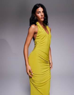 Asos Design Draped Halter With Ruching Maxi Dress In Green