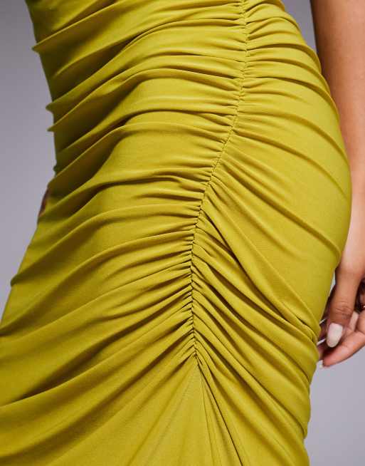 ASOS DESIGN draped halter with ruching maxi dress in olive 