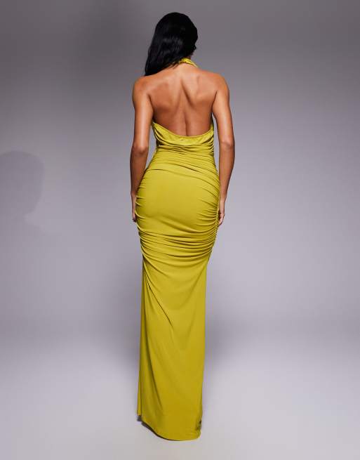 ASOS DESIGN draped halter with ruching maxi dress in olive 