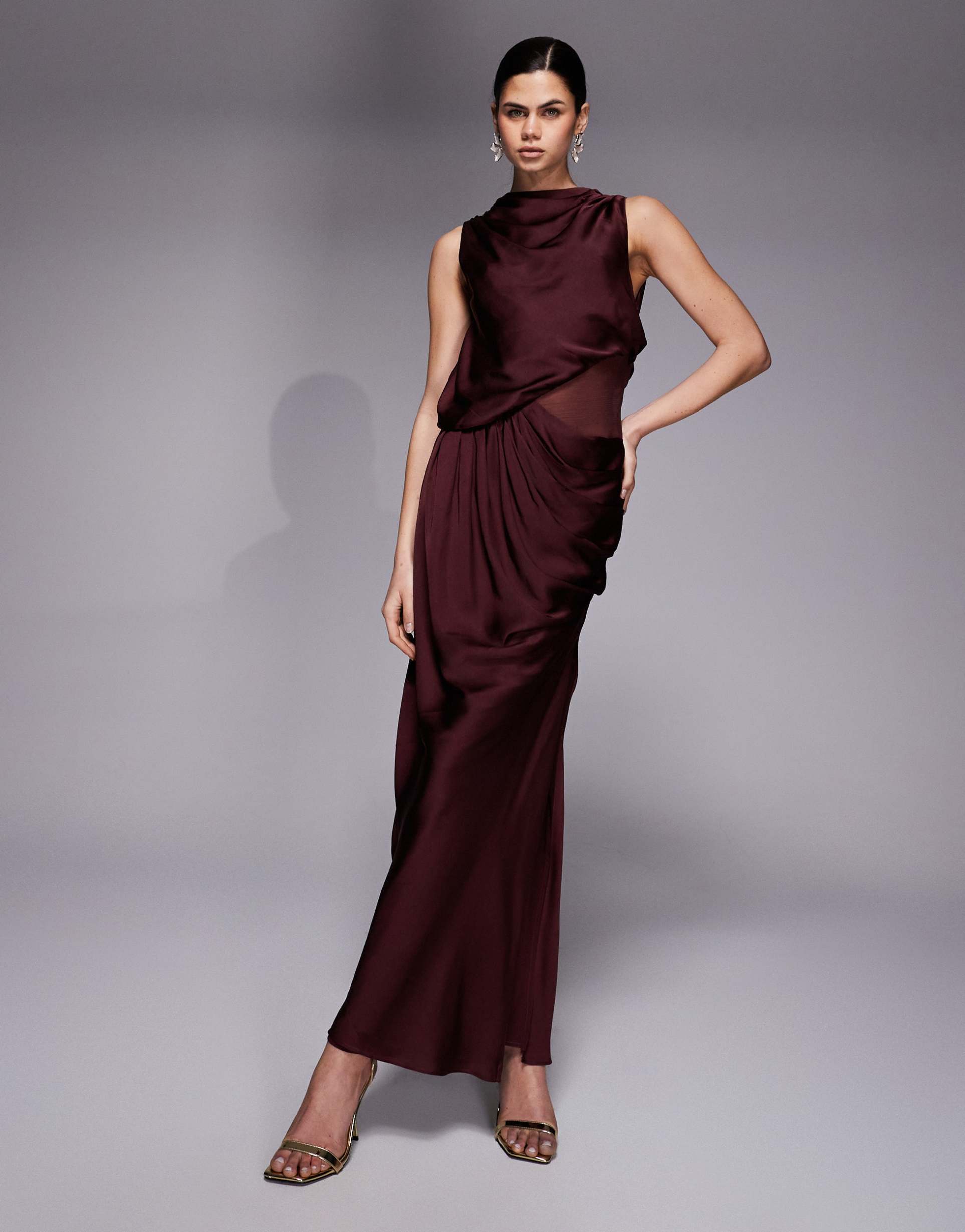 asos design draped high neck asymmetric satin bodice maxi dress with sheer panel in berry