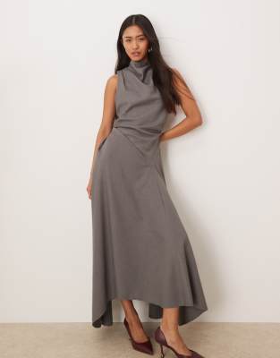 Asos Design Draped High Neck Hanky Hem Maxi Dress In Gray
