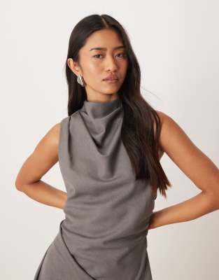 Asos Design Draped High Neck Hanky Hem Maxi Dress In Gray