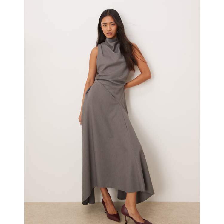 asos grey long dress ASOS DESIGN grown on neck sleeveless ruched supersoft maxi dress in gray
