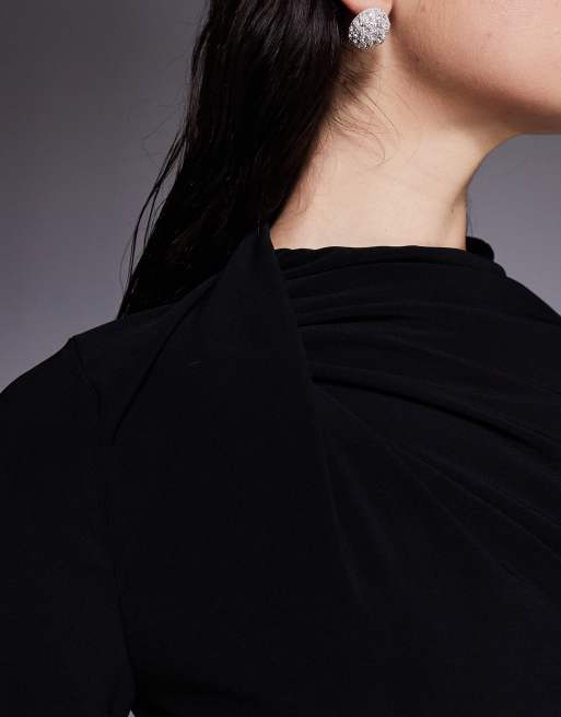 ASOS DESIGN draped high neck mini dress with long sleeve and aline skirt in black, 3 of 4