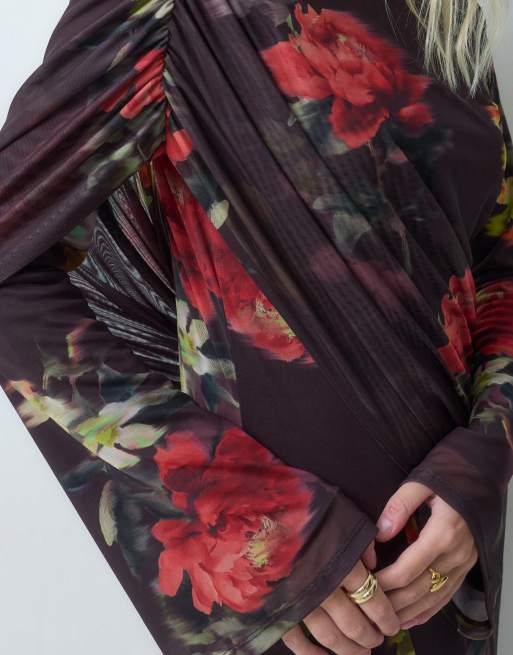 ASOS DESIGN draped high neck printed floral mesh maxi dress with open back detail in burgundy, 2 of 5