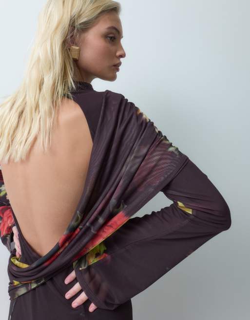 ASOS DESIGN draped high neck printed floral mesh maxi dress with open back detail in burgundy, 3 of 5