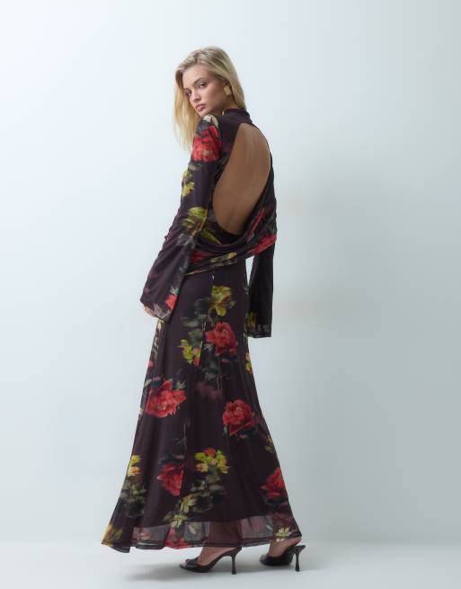 ASOS DESIGN draped high neck printed floral mesh maxi dress with open back detail in burgundy, 4 of 5