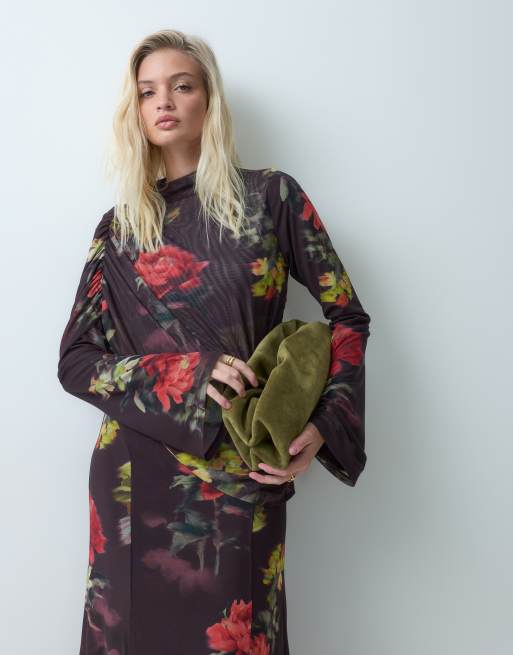 ASOS DESIGN draped high neck printed floral mesh maxi dress with open back detail in burgundy, 5 of 5