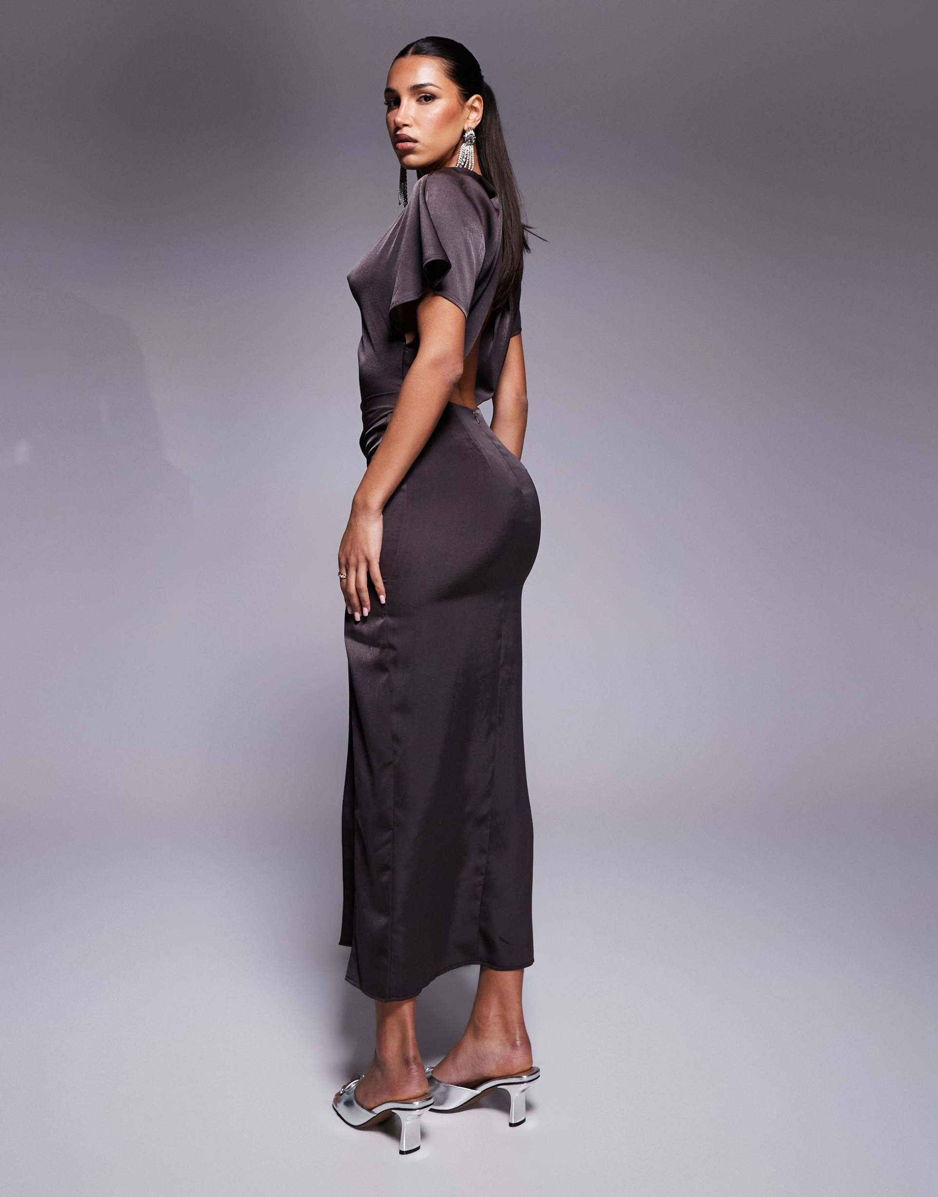 asos design draped high neck satin maxi dress with open back in chocolate