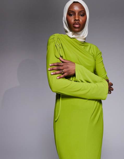 long sleeve green dress asos ASOS DESIGN long sleeve frill hem chiffon maxi dress in dark green