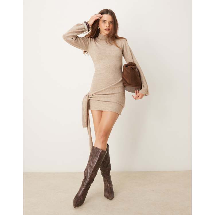 ASOS DESIGN draped knit crew neck mini dress in taupe | ASOS