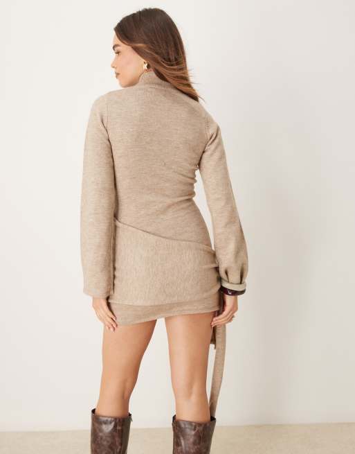 ASOS DESIGN draped knit crew neck mini dress in taupe | ASOS
