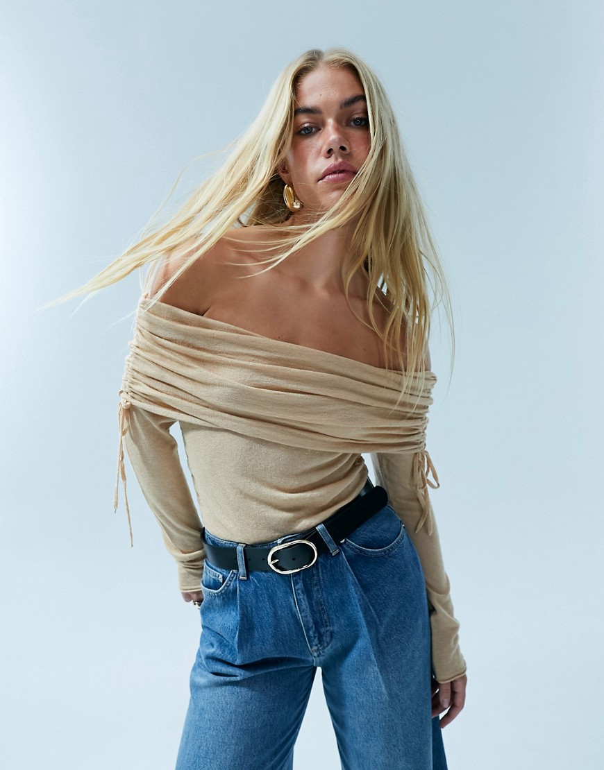 ASOS DESIGN draped knitted off shoulder top in wool blend-Brown