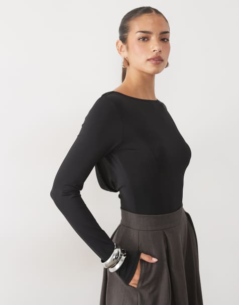 ASOS DESIGN draped lace panel long sleeve bodysuit in black - view 1