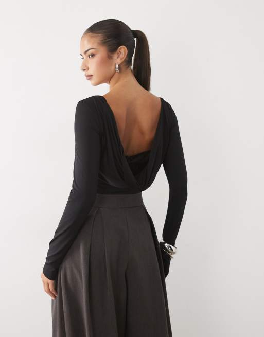 ASOS DESIGN draped lace panel long sleeve bodysuit in black, 2 of 4