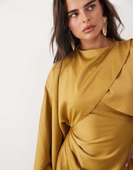 ASOS DESIGN draped long sleeve cross front high neck satin maxi dress in dried tobacco, 3 of 4