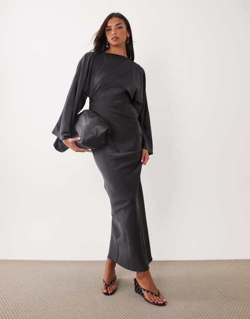 black dress long sleeve Kiah Backless Maxi in while a ruched hip brings subtle texture and movement New Arrival Plus Size Dresses
