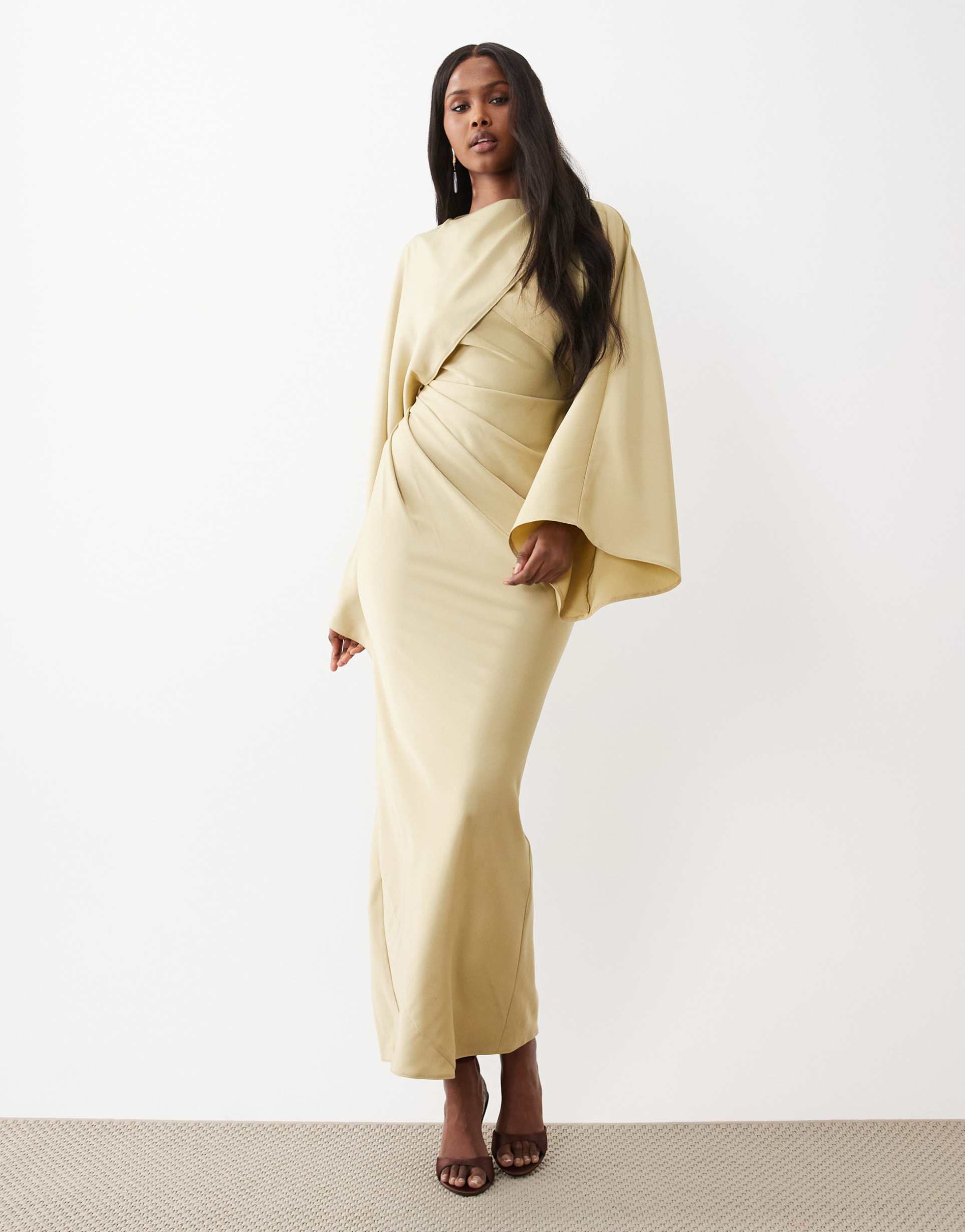 asos design draped long sleeve cross front high neck satin maxi dress