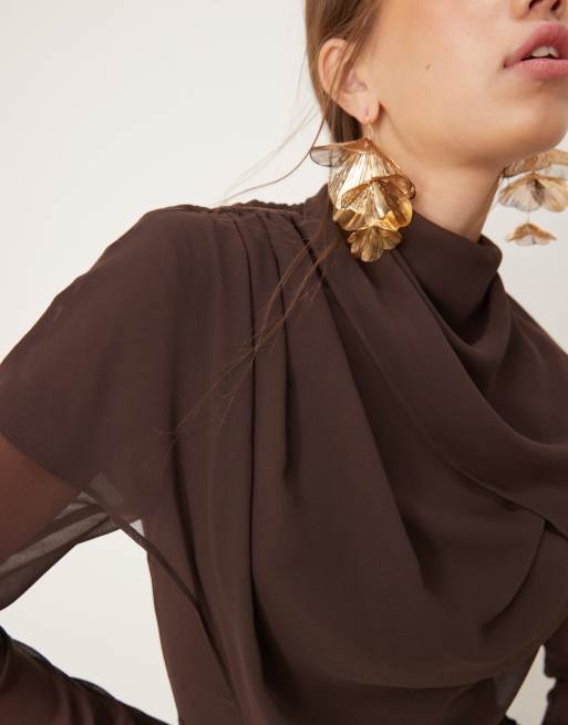 ASOS DESIGN draped long sleeve maxi dress in chocolate