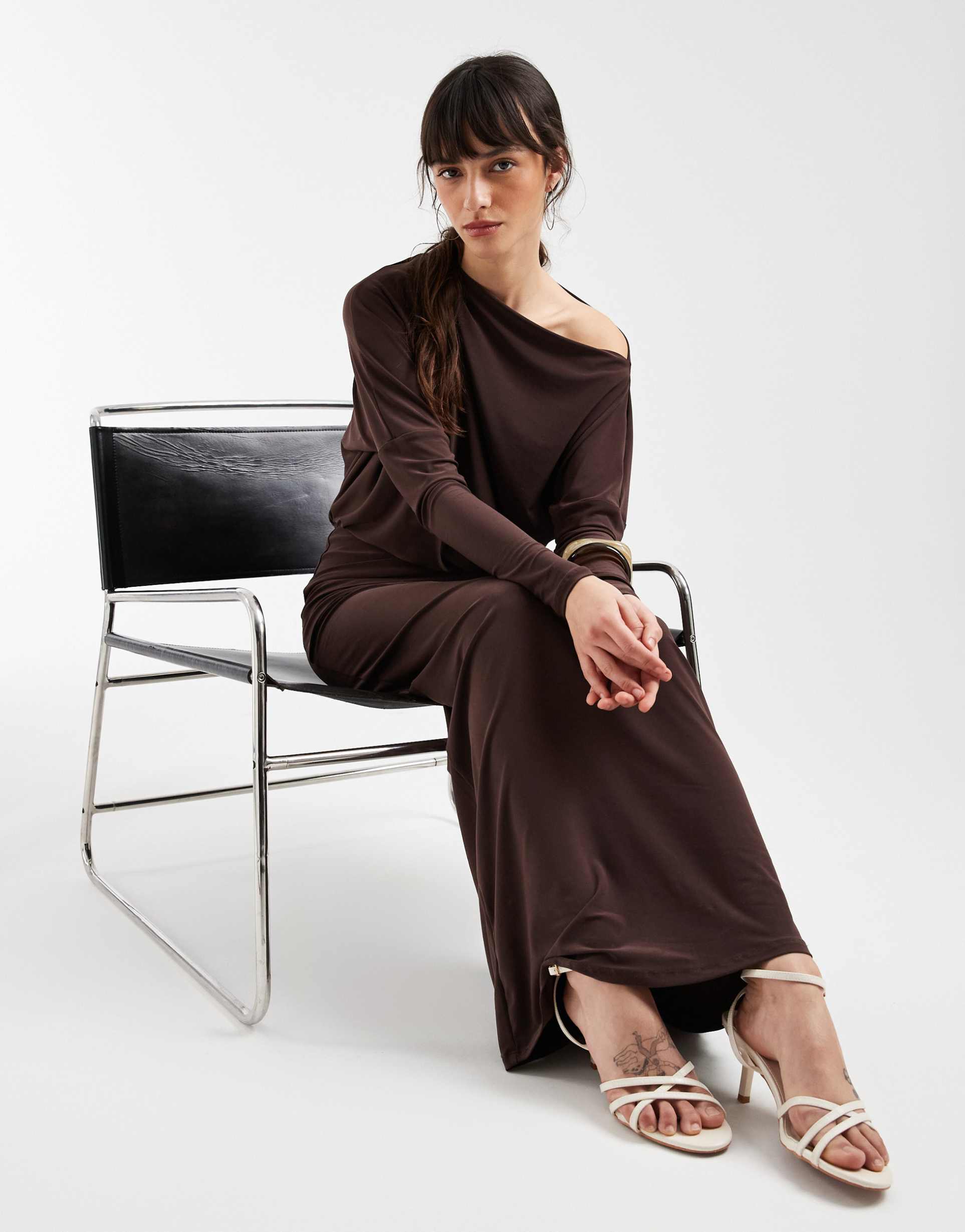 asos design draped long sleeve maxi dress in chocolate