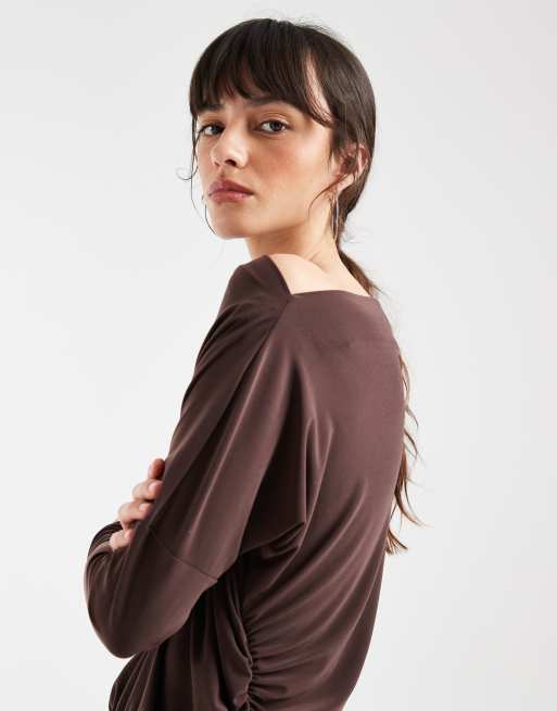 ASOS DESIGN draped long sleeve maxi dress in chocolate, 3 of 4