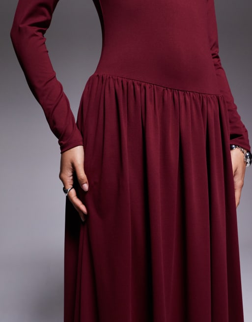 ASOS DESIGN draped long sleeve midi dress in burgundy