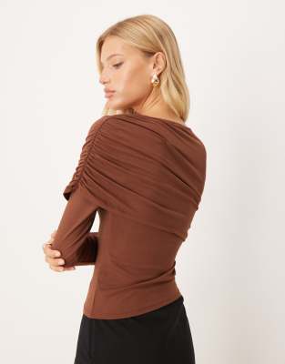 Asos Design Draped Long Sleeve Top In Brown