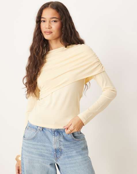 ASOS DESIGN draped long sleeve top in buttermilk - view 1