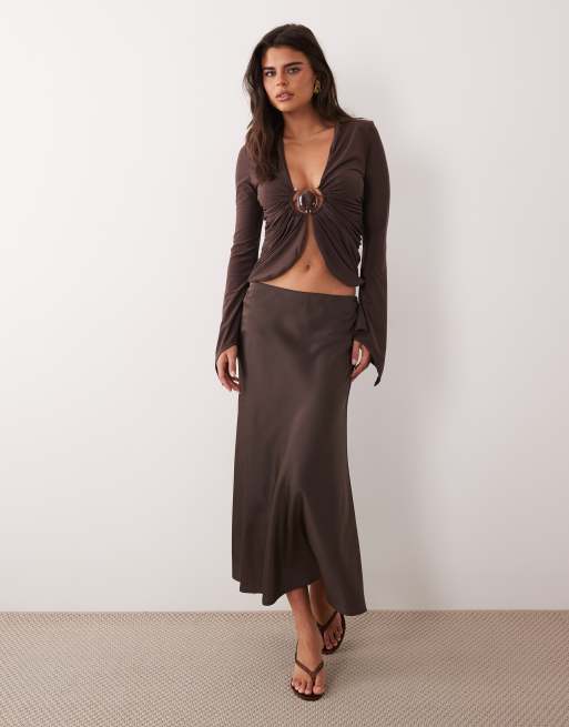 ASOS DESIGN draped long sleeve top with trim front in brown, 2 of 4