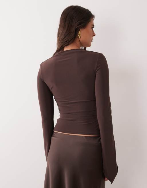 ASOS DESIGN draped long sleeve top with trim front in brown, 3 of 4