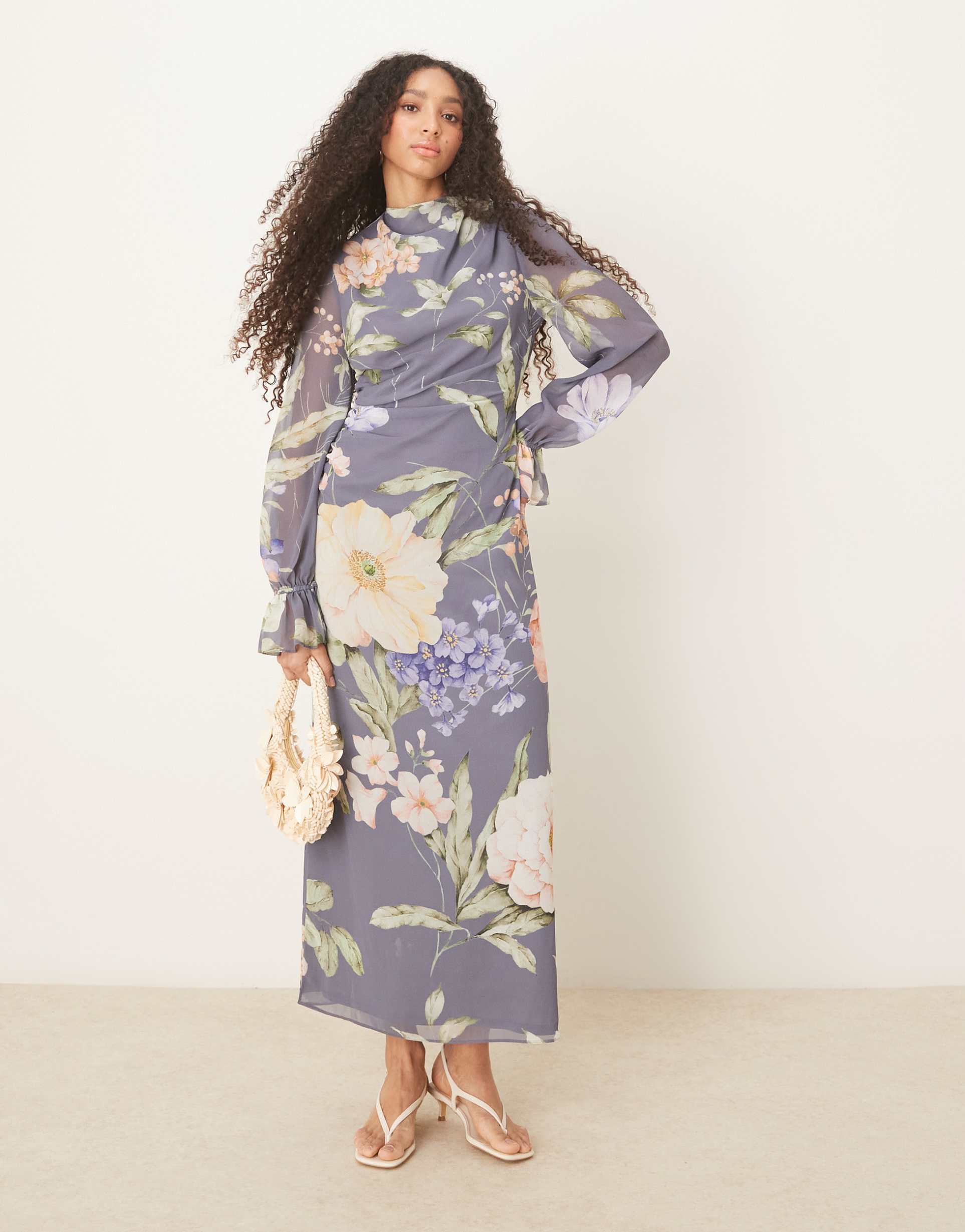 asos design draped maxi dress with sleeve ties in blue