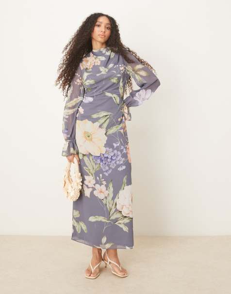 ASOS DESIGN draped maxi dress with sleeve ties in blue
