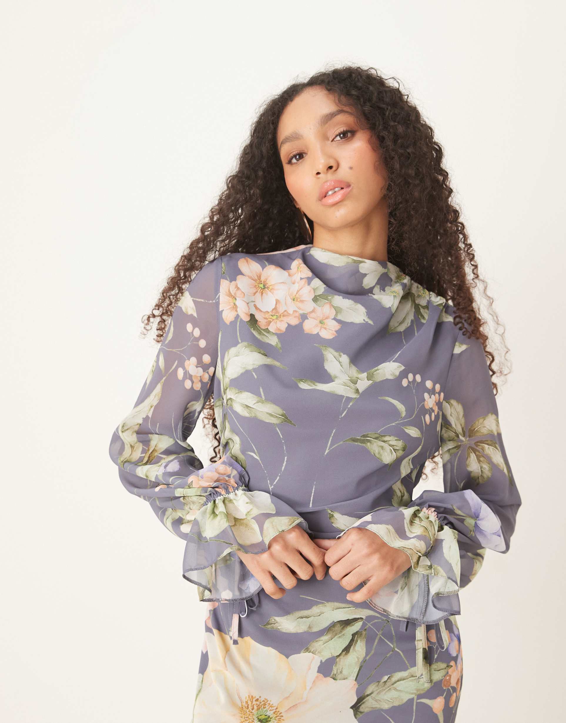 asos design draped maxi dress with sleeve ties in blue