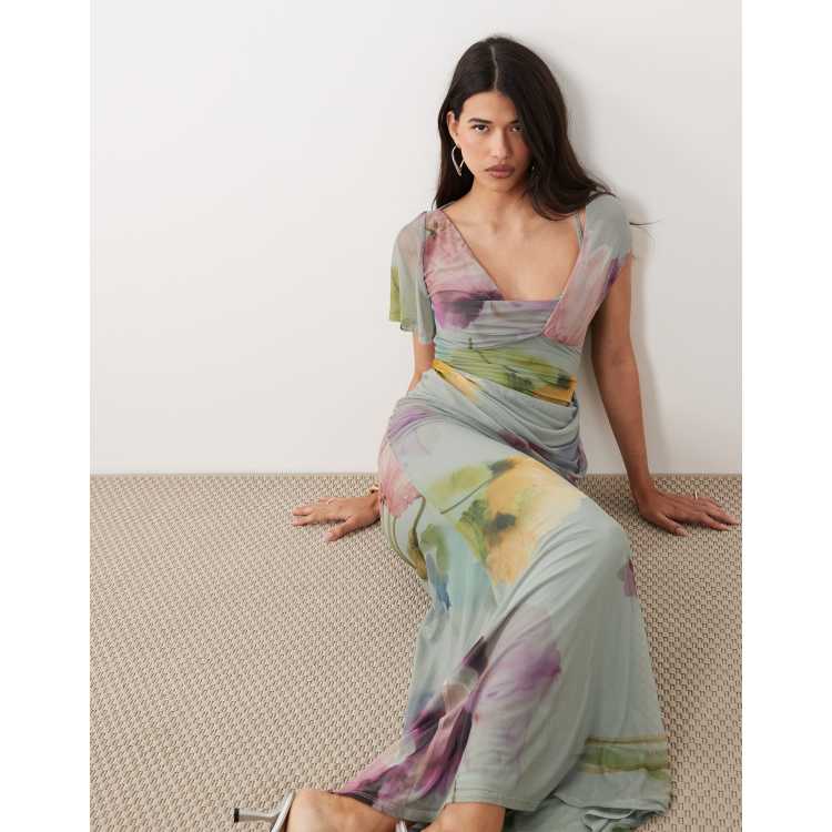ASOS DESIGN draped mesh asymmetric sleeve maxi dress in blue floral | ASOS