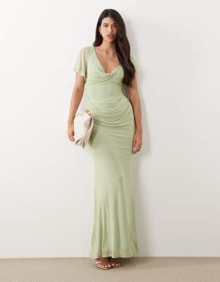 Asos Design Draped Mesh Asymmetric Sleeve Maxi Dress In Animal Print