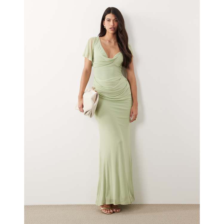 ASOS DESIGN draped mesh asymmetric sleeve maxi dress in sage green | ASOS
