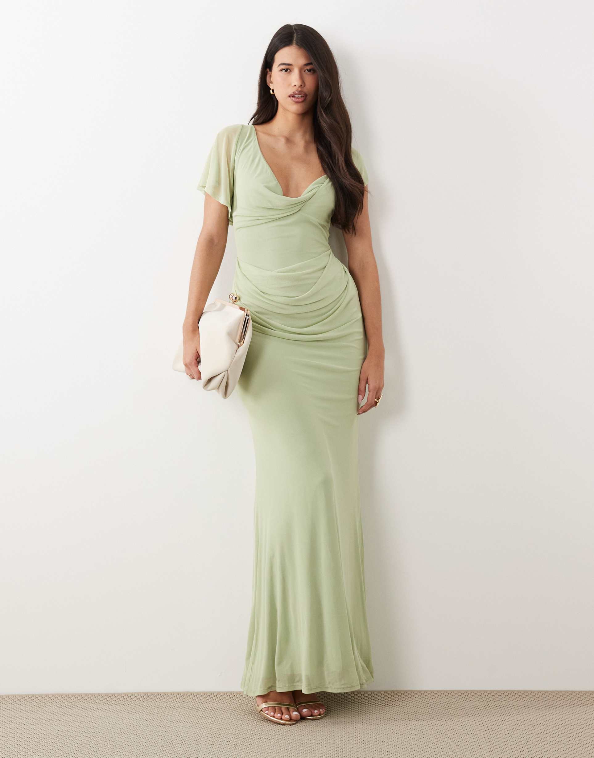 asos design draped mesh asymmetric sleeve maxi dress in sage green