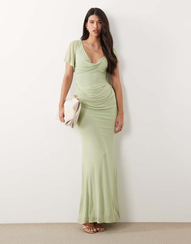 long sleeve mesh asymmetrical draped maxi dress PrettyLittleThing PLT Label Sage Green Mesh Asymmetrical Drape Godet  Fishtail High Neck Maxi Dress