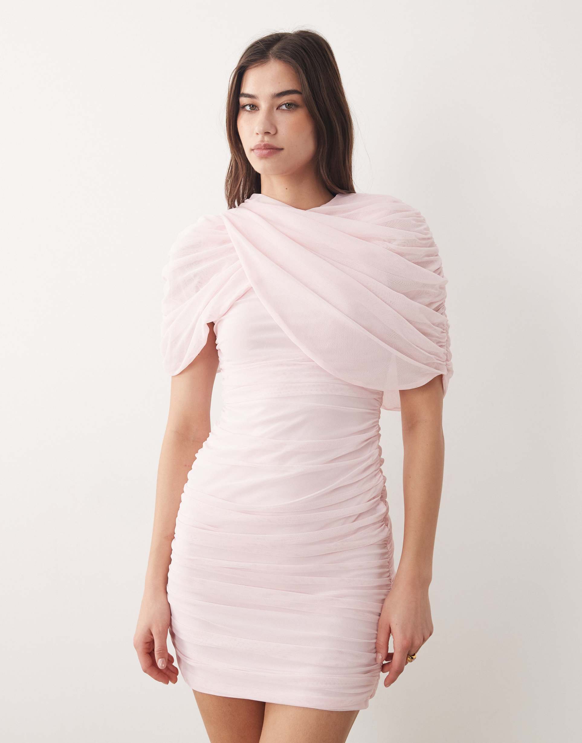 asos design draped mesh cape mini with shoulder pads in baby pink