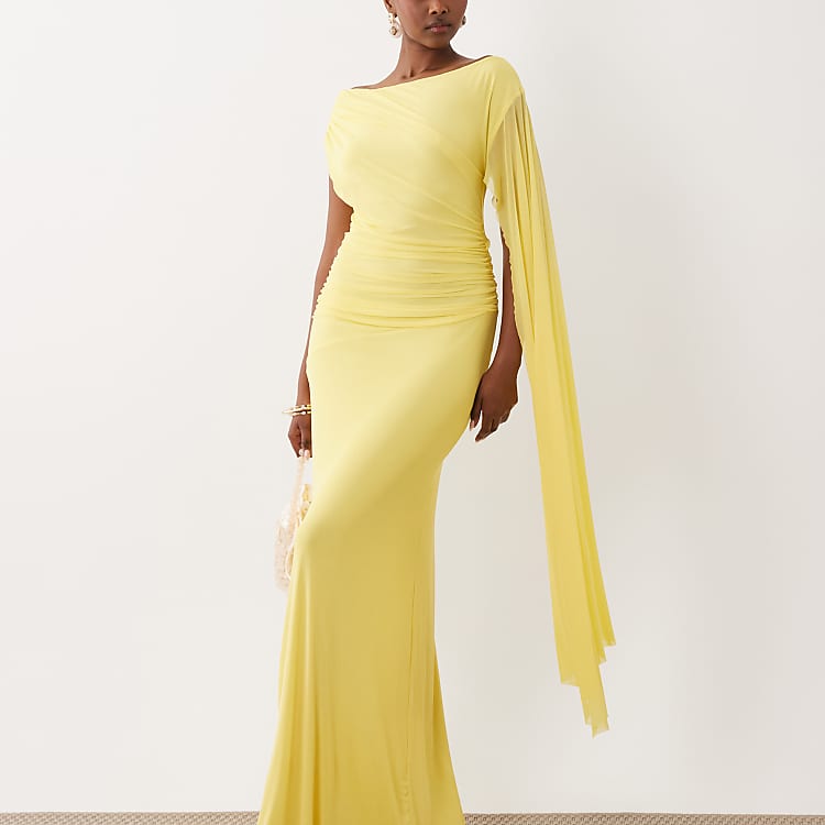 asos yellow dress DESIGN Tall long sleeve cut out maxi with ruched skirt in mustard ensuring you feel confident throughout the day ASOS Design - Mini Dress