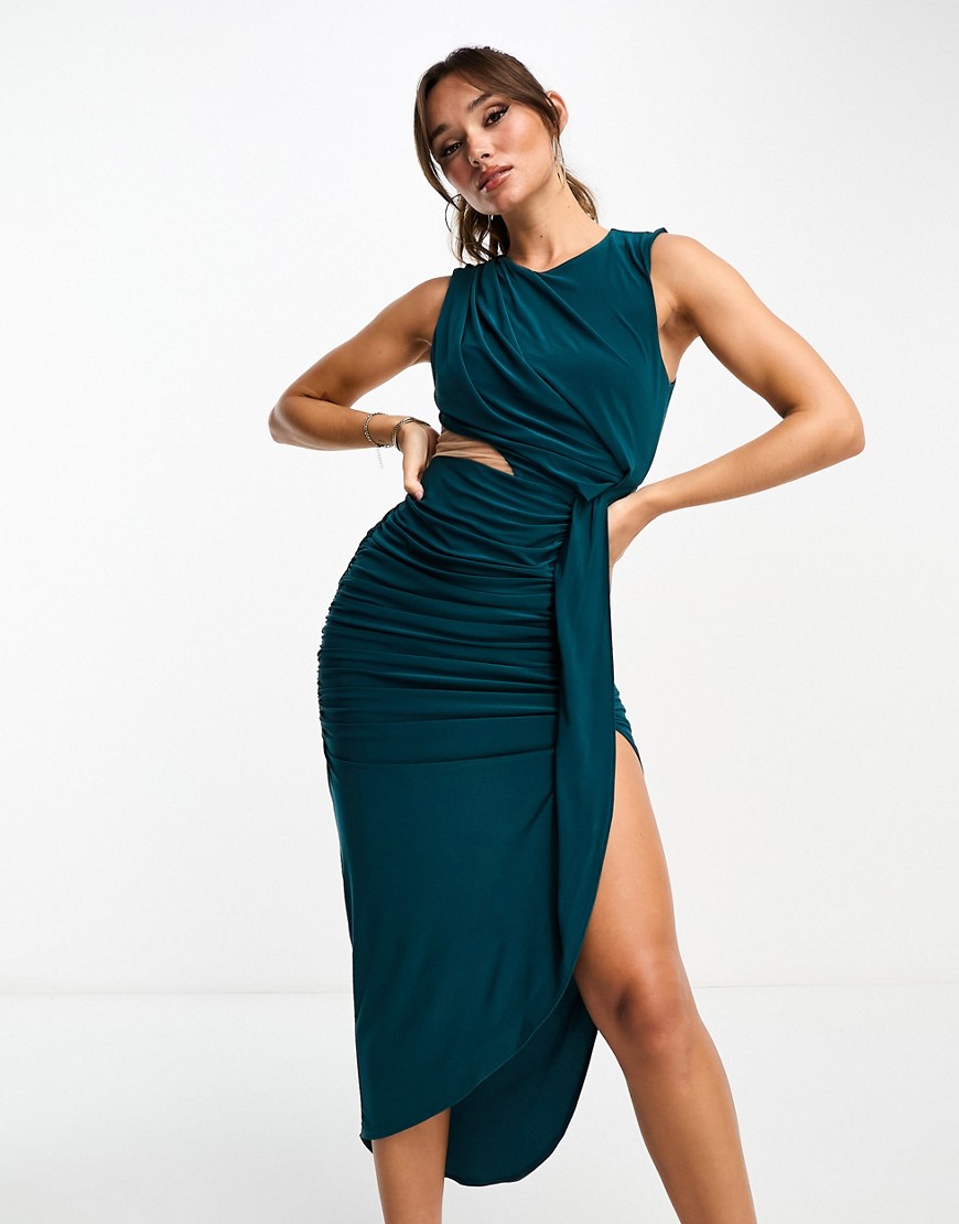 Asos Design Draped Midi Dress With Invisible Mesh In Blue