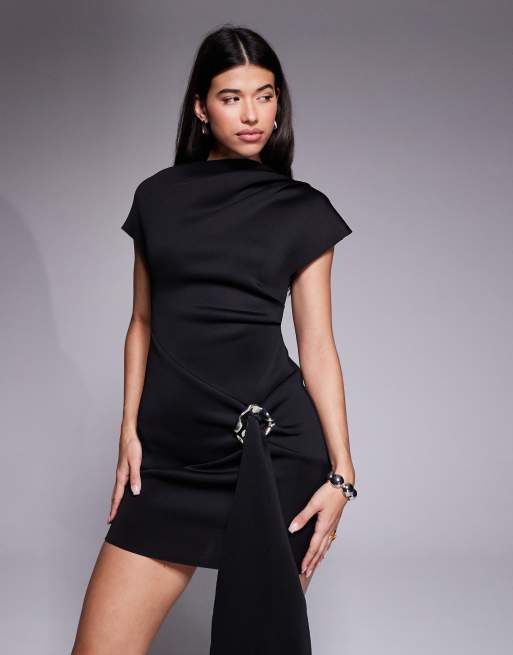 ASOS DESIGN draped mini dress with silver trim in black in scuba-style fabric, 2 of 4