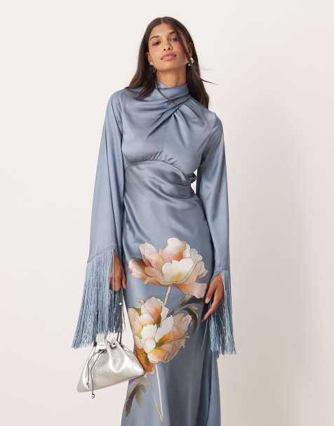 knee length dresses for ladies Asos Design Long Sleeve Knot High Split Satin Midi Dress In Olive Green