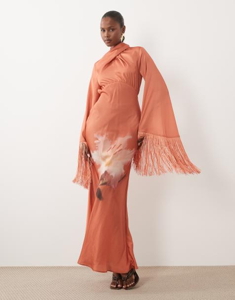 ASOS DESIGN draped neck satin bias maxi dress with fringe sleeve detail in placement print - view 1