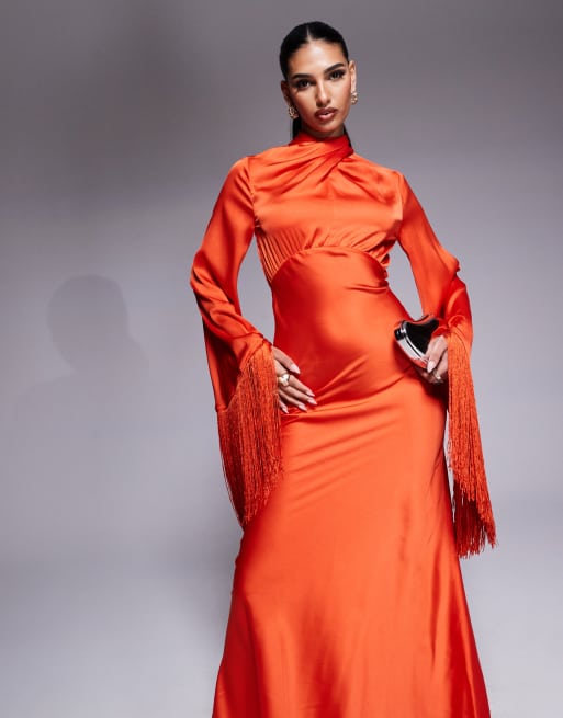 ASOS DESIGN draped neck satin bias maxi dress with fringe sleeve detail in red