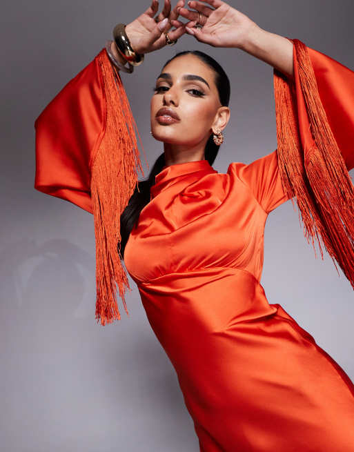 ASOS DESIGN draped neck satin bias maxi dress with fringe sleeve detail in red