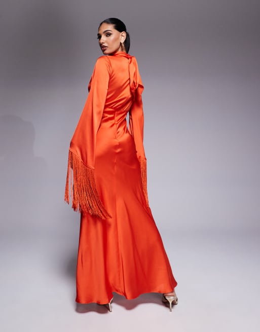ASOS DESIGN draped neck satin bias maxi dress with fringe sleeve detail in red
