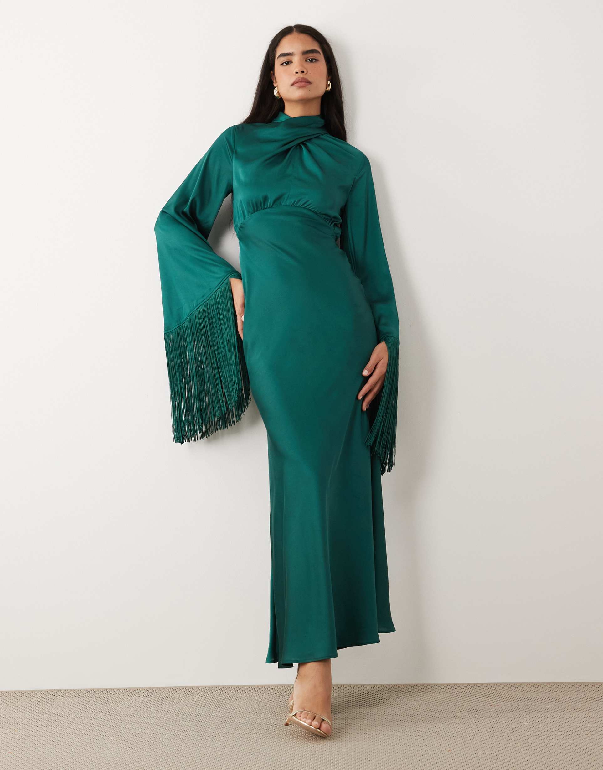 asos design draped neck satin bias maxi dress with fringe sleeve detail in teal